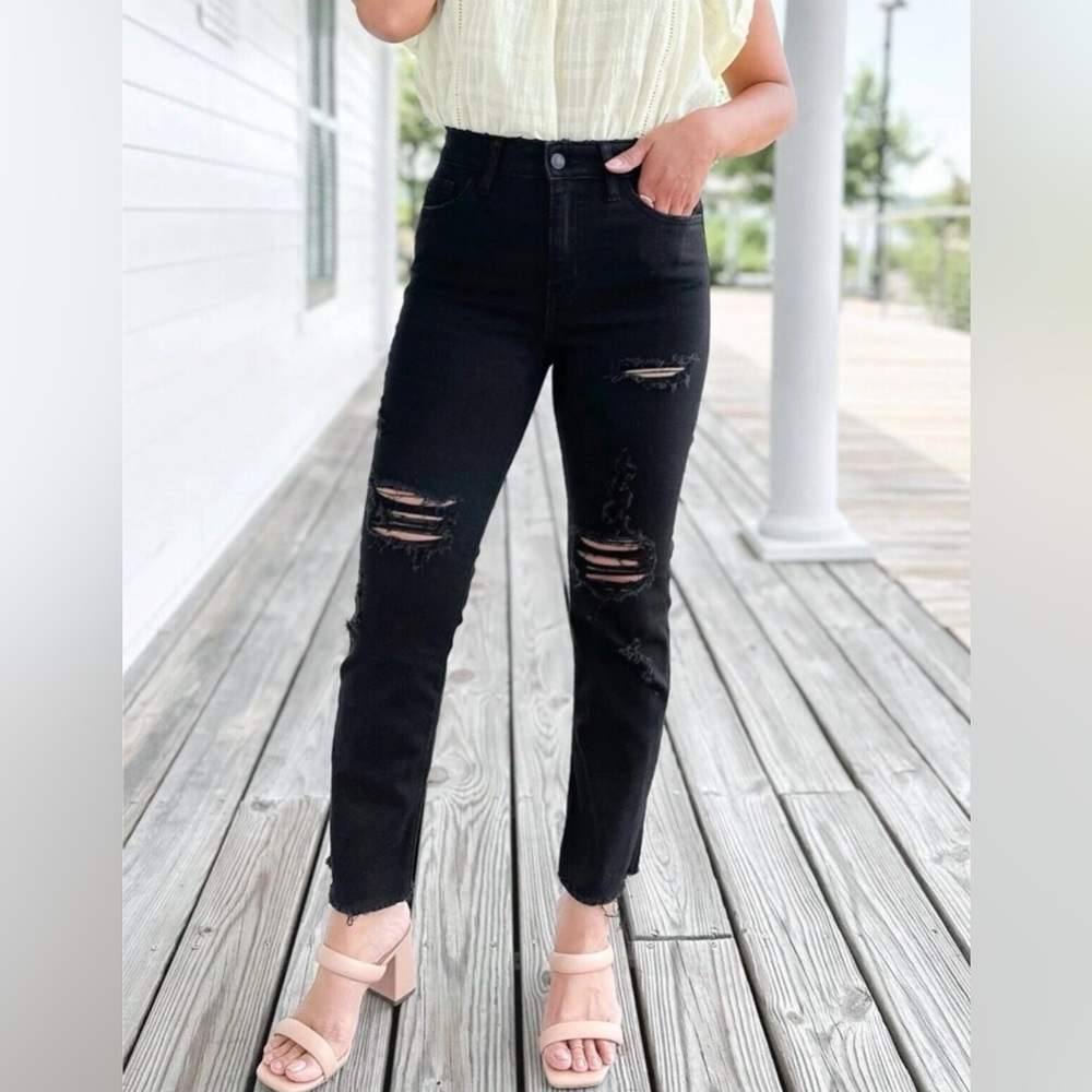 NWT ZENANA Distressed Black Stretchy Straight Leg Denim Jeans